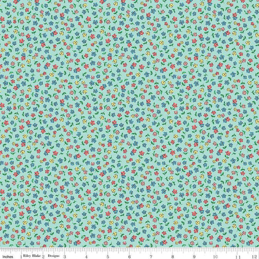 Image of the Playtime 30s Flowers Mist quilting cotton fabric by Lindsay Wilkes for Riley Blake Designs. Features small scattered flowers on an aqua background. 
Cute Little Fabric Shop