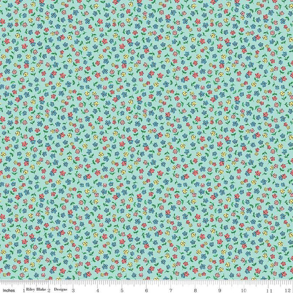 Image of the Playtime 30s Flowers Mist quilting cotton fabric by Lindsay Wilkes for Riley Blake Designs. Features small scattered flowers on an aqua background. 
Cute Little Fabric Shop