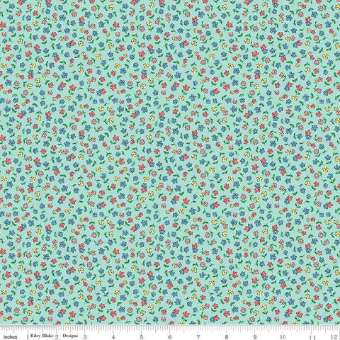 Image of the Playtime 30s Flowers Mist quilting cotton fabric by Lindsay Wilkes for Riley Blake Designs. Features small scattered flowers on an aqua background. 
Cute Little Fabric Shop