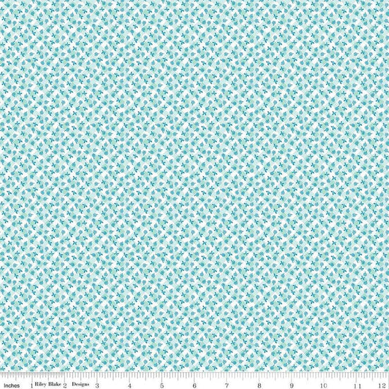Image of the Playtime 30s Gingham Mint quilting cotton fabric by Lindsay Wilkes for Riley Blake Designs. Features small scattered flowers on a diagonal gingham stripe on a light blue background. 
Cute Little Fabric Shop
