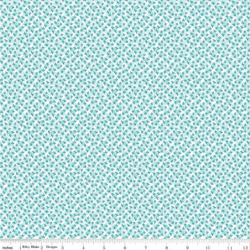 Image of the Playtime 30s Gingham Mint quilting cotton fabric by Lindsay Wilkes for Riley Blake Designs. Features small scattered flowers on a diagonal gingham stripe on a light blue background. 
Cute Little Fabric Shop