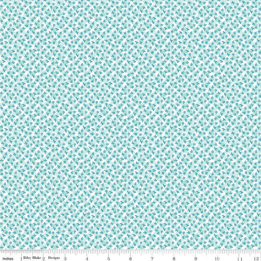 Image of the Playtime 30s Gingham Mint quilting cotton fabric by Lindsay Wilkes for Riley Blake Designs. Features small scattered flowers on a diagonal gingham stripe on a light blue background. 
Cute Little Fabric Shop