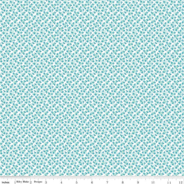 Image of the Playtime 30s Gingham Mint quilting cotton fabric by Lindsay Wilkes for Riley Blake Designs. Features small scattered flowers on a diagonal gingham stripe on a light blue background. 
Cute Little Fabric Shop