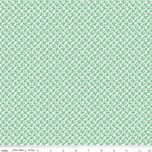 Image of the Playtime 30s Gingham Green quilting cotton fabric by Lindsay Wilkes for Riley Blake Designs. Features small scattered flowers on a diagonal gingham stripe on a light green background. 
Cute Little Fabric Shop