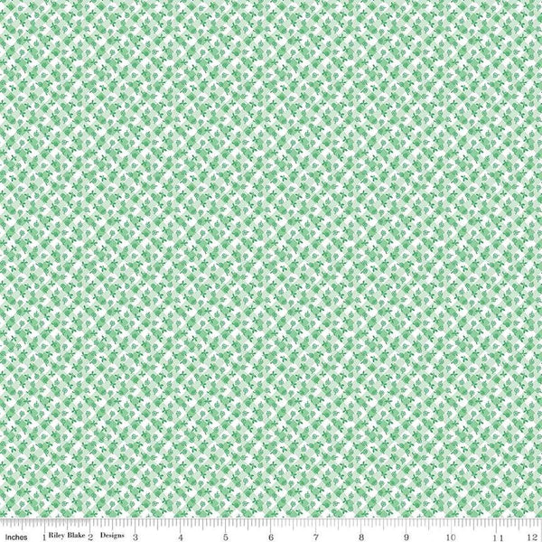 Image of the Playtime 30s Gingham Green quilting cotton fabric by Lindsay Wilkes for Riley Blake Designs. Features small scattered flowers on a diagonal gingham stripe on a light green background. 
Cute Little Fabric Shop