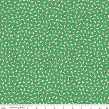 Image of the Playtime 30s Toy Ducks Kelly quilting cotton fabric by Lindsay Wilkes for Riley Blake Designs. Features small ducks on a dark green background. 
Cute Little Fabric Shop