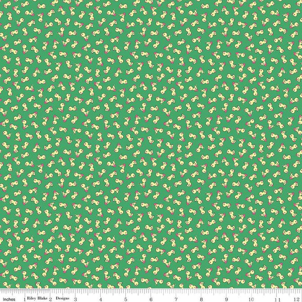 Image of the Playtime 30s Toy Ducks Kelly quilting cotton fabric by Lindsay Wilkes for Riley Blake Designs. Features small ducks on a dark green background. 
Cute Little Fabric Shop