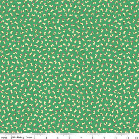 Image of the Playtime 30s Toy Ducks Kelly quilting cotton fabric by Lindsay Wilkes for Riley Blake Designs. Features small ducks on a dark green background. 
Cute Little Fabric Shop