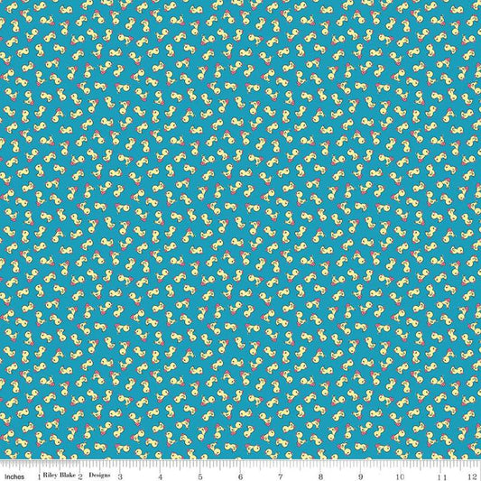 Image of the Playtime 30s Toy Ducks Blue quilting cotton fabric by Lindsay Wilkes for Riley Blake Designs. Features small ducks on a medium blue background. 
Cute Little Fabric Shop