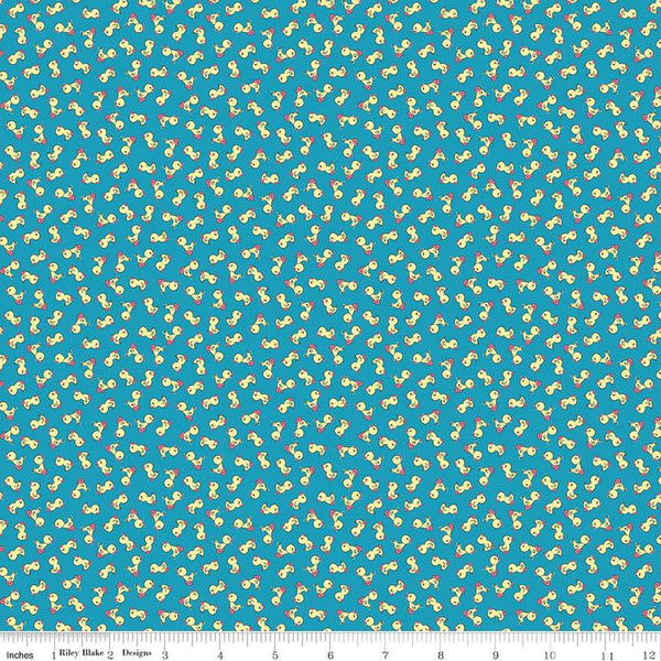 Image of the Playtime 30s Toy Ducks Blue quilting cotton fabric by Lindsay Wilkes for Riley Blake Designs. Features small ducks on a medium blue background. 
Cute Little Fabric Shop