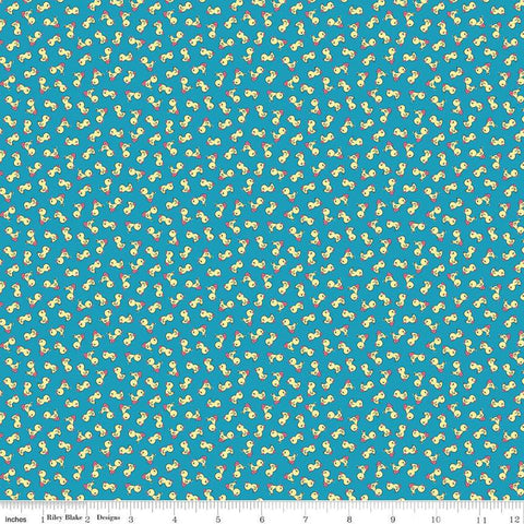 Image of the Playtime 30s Toy Ducks Blue quilting cotton fabric by Lindsay Wilkes for Riley Blake Designs. Features small ducks on a medium blue background. 
Cute Little Fabric Shop