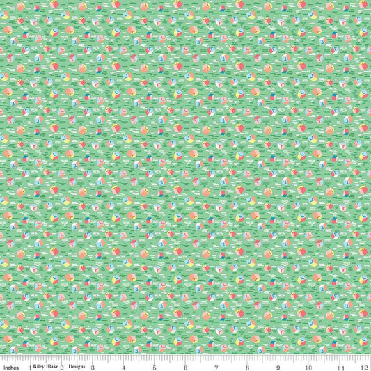 Image of the Playtime 30s Building Blocks Green quilting cotton fabric by Lindsay Wilkes for Riley Blake Designs. Features small building blocks on a light green background. 
Cute Little Fabric Shop