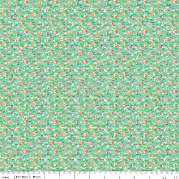 Image of the Playtime 30s Building Blocks Green quilting cotton fabric by Lindsay Wilkes for Riley Blake Designs. Features small building blocks on a light green background. 
Cute Little Fabric Shop