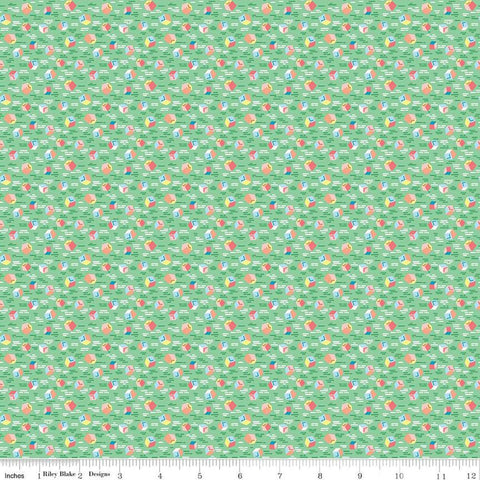 Image of the Playtime 30s Building Blocks Green quilting cotton fabric by Lindsay Wilkes for Riley Blake Designs. Features small building blocks on a light green background. 
Cute Little Fabric Shop