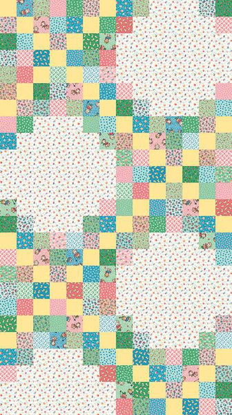 Image of the Playtime 30s Cheater Print Multi quilting cotton fabric by Lindsay Wilkes for Riley Blake Designs. Features squares of patterns from this collection. 
Cute Little Fabric Shop