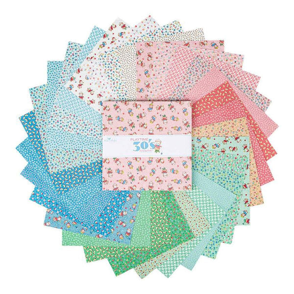 Image of the Playtime 30&#39;s 10 inch stacker by Lindsay Wilkes for Riley Blake Designs. Features vintage patterns on pink, blue, and green fabrics.
Cute Little Fabric Shop