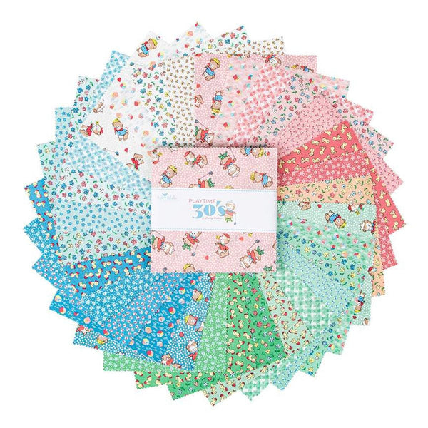 Image of the Playtime 30s 5 inch stacker by Lindsay Wilkes for Riley Blake Designs. Features vintage patterns on pink, blue, and green fabrics.
Cute Little Fabric Shop