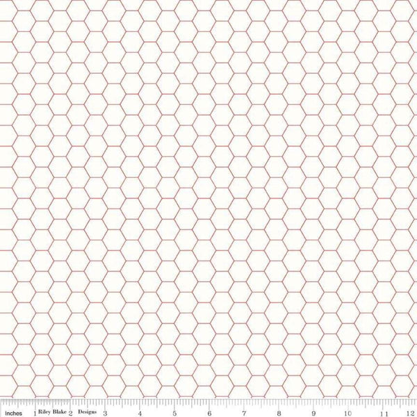 Image of the Bee Backgrounds Honeycomb Red quilting cotton fabric by Lori Holt for Riley Blake Designs. Features a honeycomb pattern with red lines on a white background. 
Cute Little Fabric Shop