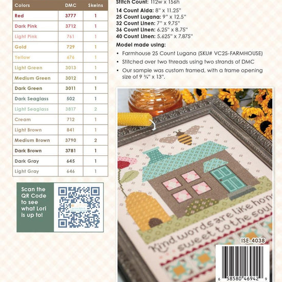 Image of the Home Town Neighbor Beehive House cross stitch pattern  by Lori Holt for Riley Blake Designs. Features a house and a beehive with a flower and bee on a cross stitch pattern, and the thread requirements.
Cute Little Fabric Shop