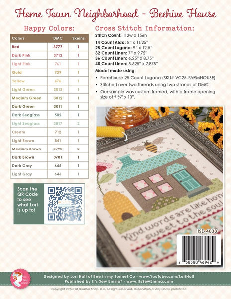 Image of the Home Town Neighbor Beehive House cross stitch pattern  by Lori Holt for Riley Blake Designs. Features a house and a beehive with a flower and bee on a cross stitch pattern, and the thread requirements.
Cute Little Fabric Shop