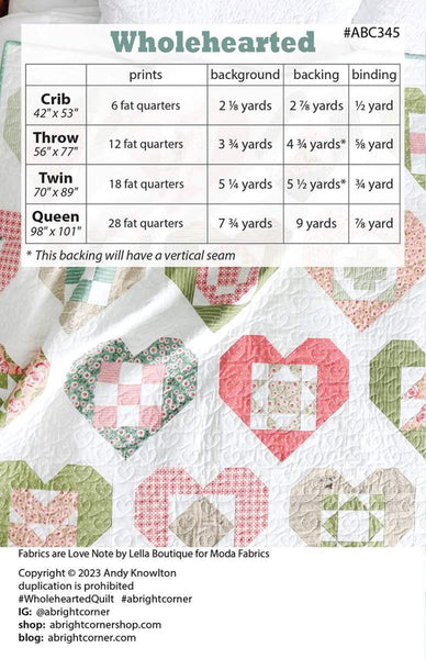 Image of the Wholehearted quilt pattern by Andy Knowlton for Riley Blake Designs. Features a quilt with hearts on a white background and the fabric requirements. 
Cute Little Fabric Shop