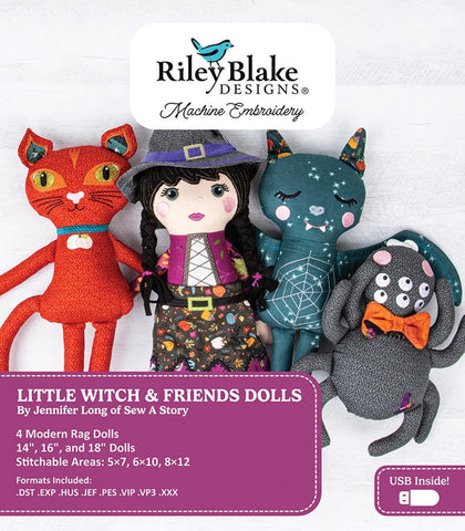 Image of the Machine Embroidery Little Witch & Friends Dolls USB drive by Jennifer Long for Riley Blake Designs. Features four dolls. Cute Little Fabric Shop