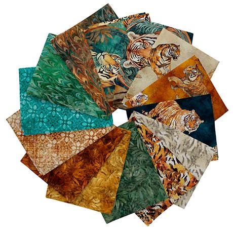 Image of the Eye of the Tiger fat quarter bundle by Morris Creative Group for QT fabrics. Features 14 prints with tigers and abstract textures. 
Cute Little Fabric Shop