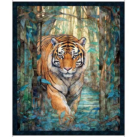 Image of the Eye of the Tiger Tiger Panel by Morris Creative Group for QT Fabrics. Features a tiger with trees around it. 
Cute Little Fabric Shop