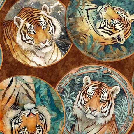 Image of the Eye of the Tiger Circle Collage quilting cotton by Morris Creative Group by QT Fabrics. Features circle pictures of tigers on a brown background.
Cute Little Fabric Shop