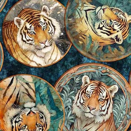 Image of the Eye of the Tiger Circle Collage Prussian Blue quilting cotton fabric by Morris Creative Group for QT Fabrics. Features circles of tigers on a dark blue background. 
Cute Little Fabric Shop