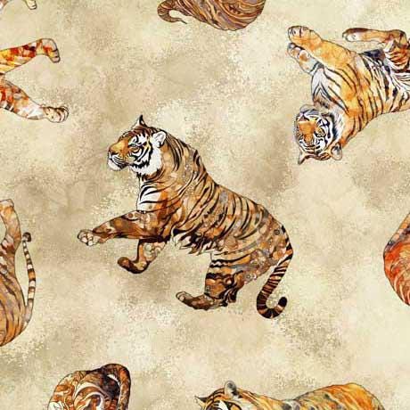 Image of the Eye of the Tiger Toss Cream quilting cotton fabric by Morris Creative Group for QT Fabrics. Features tigers on a cream background. 
Cute Little Fabric Shop