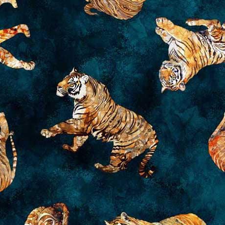 Image of the Eye of the Tiger Toss Prussian Blue quilting cotton fabric by Morris Creative Group for QT Fabrics. Features tigers on a dark blue background. 
Cute Little Fabric Shop