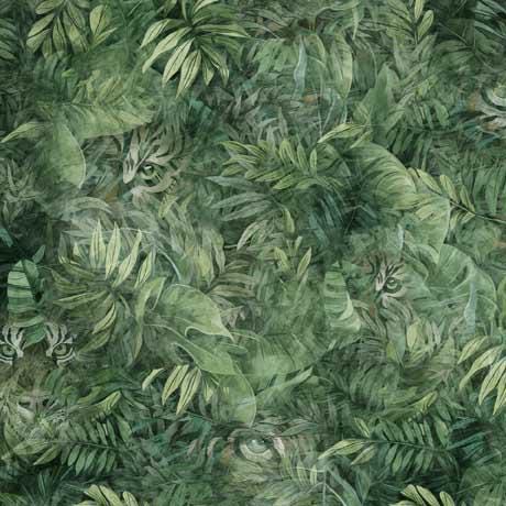Image of the Eye of the Tiger Eyes Spruce quilting cotton fabric by Morris Creative Group for QT Fabrics. Features  leaves and tiger eyes on a green background. 
Cute Little Fabric Shop