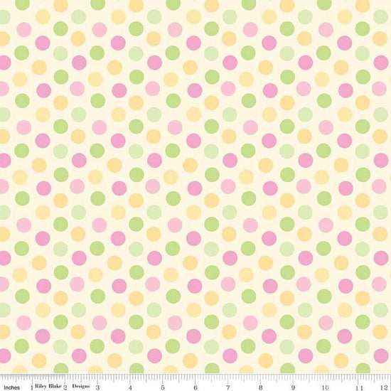 Image of the Bundle of Joy quilting cotton fabric by Doodlebug Design Inc for Riley Blake Designs. Features multicolored pink, green, and yellow dots on a light yellow background. 
Cute Little Fabric Shop