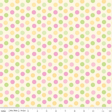 Image of the Bundle of Joy quilting cotton fabric by Doodlebug Design Inc for Riley Blake Designs. Features multicolored pink, green, and yellow dots on a light yellow background. 
Cute Little Fabric Shop