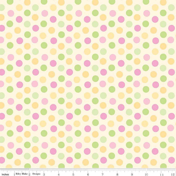 Image of the Bundle of Joy quilting cotton fabric by Doodlebug Design Inc for Riley Blake Designs. Features multicolored pink, green, and yellow dots on a light yellow background. 
Cute Little Fabric Shop