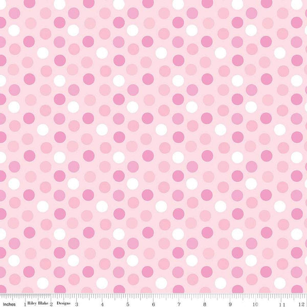 Image of the Bundle of Joy Dots Pink quilting cotton fabric by Doodlebug Design Inc for Riley Blake Designs. Features multicolored pink dots on a light pink background. 
Cute Little Fabric Shop