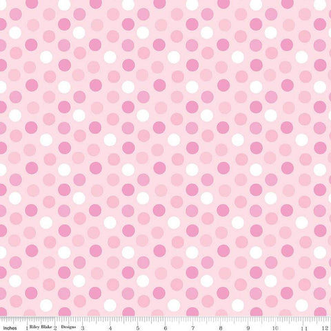 Image of the Bundle of Joy Dots Pink quilting cotton fabric by Doodlebug Design Inc for Riley Blake Designs. Features multicolored pink dots on a light pink background. 
Cute Little Fabric Shop