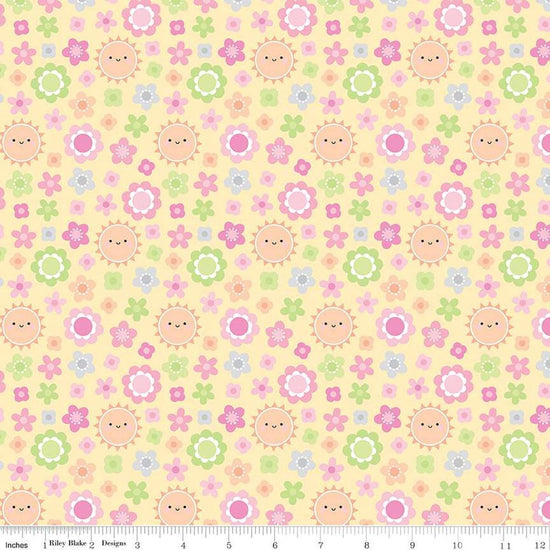 Image of the Bundle of Joy Blossoms Yellow quilting cotton fabric by Doodlebug Design Inc for Riley Blake Designs. Features flowers and suns on a light yellow background. 
Cute Little Fabric Shop