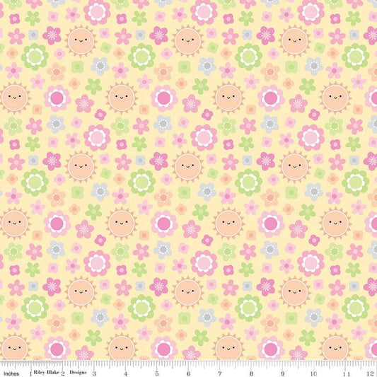 Image of the Bundle of Joy Blossoms Yellow quilting cotton fabric by Doodlebug Design Inc for Riley Blake Designs. Features flowers and suns on a light yellow background. 
Cute Little Fabric Shop