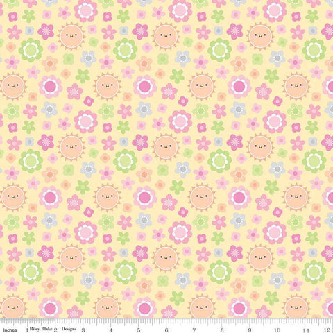 Image of the Bundle of Joy Blossoms Yellow quilting cotton fabric by Doodlebug Design Inc for Riley Blake Designs. Features flowers and suns on a light yellow background. 
Cute Little Fabric Shop