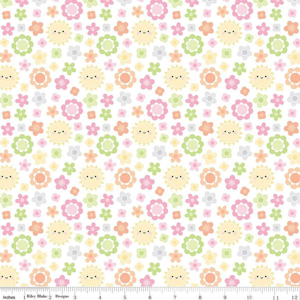 Image of the Bundle of Joy Blossoms White quilting cotton fabric by Doodlebug Design Inc for Riley Blake Designs. Features flowers and suns on a white background. 
Cute Little Fabric Shop