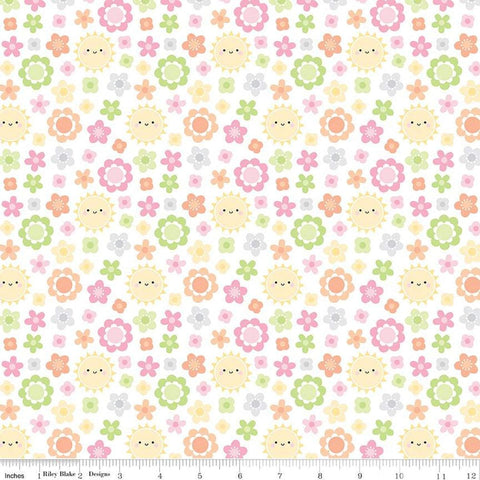 Image of the Bundle of Joy Blossoms White quilting cotton fabric by Doodlebug Design Inc for Riley Blake Designs. Features flowers and suns on a white background. 
Cute Little Fabric Shop