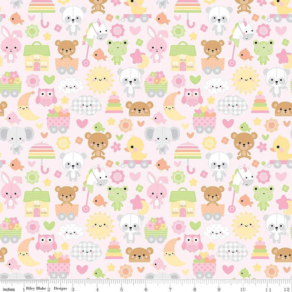 Image of the Bundle of Joy Main Pink quilting cotton fabric by Doodlebug Design Inc for Riley Blake Designs. Features bunnies, clouds, toys, bears, moon, fish, elephants, flowers, and hearts on a light pink background. 
Cute Little Fabric Shop