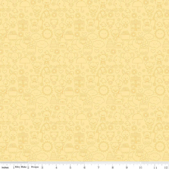 Image of the Bundle of Joy Tone-on-Tone  Yellow quilting cotton fabric by Doodlebug Design Inc for Riley Blake Designs. Features yellow outlined bunnies, clouds, toys, bears flowers, and more on a light yellow background. 
Cute Little Fabric Shop