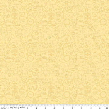 Image of the Bundle of Joy Tone-on-Tone  Yellow quilting cotton fabric by Doodlebug Design Inc for Riley Blake Designs. Features yellow outlined bunnies, clouds, toys, bears flowers, and more on a light yellow background. 
Cute Little Fabric Shop