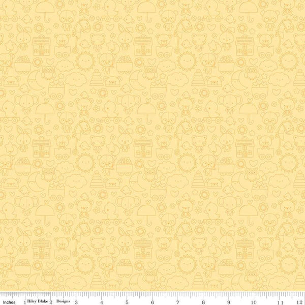 Image of the Bundle of Joy Tone-on-Tone  Yellow quilting cotton fabric by Doodlebug Design Inc for Riley Blake Designs. Features yellow outlined bunnies, clouds, toys, bears flowers, and more on a light yellow background. 
Cute Little Fabric Shop