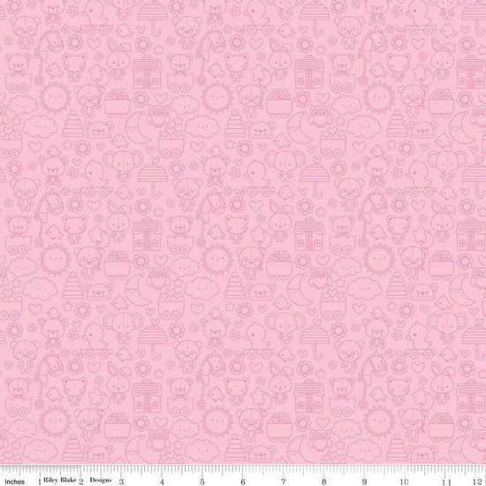 Image of the Bundle of Joy Tone-on-Tone Pink quilting cotton fabric by Doodlebug Design Inc for Riley Blake Designs. Features pink outlined bunnies, clouds, toys, bears flowers, and more on a light pink background. 
Cute Little Fabric Shop