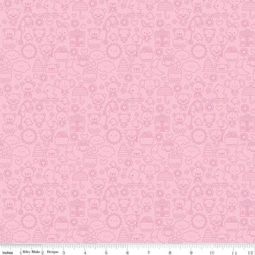 Image of the Bundle of Joy Tone-on-Tone Pink quilting cotton fabric by Doodlebug Design Inc for Riley Blake Designs. Features pink outlined bunnies, clouds, toys, bears flowers, and more on a light pink background. 
Cute Little Fabric Shop