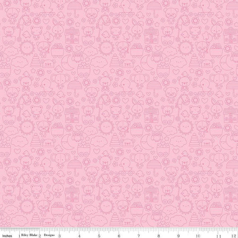 Image of the Bundle of Joy Tone-on-Tone Pink quilting cotton fabric by Doodlebug Design Inc for Riley Blake Designs. Features pink outlined bunnies, clouds, toys, bears flowers, and more on a light pink background. 
Cute Little Fabric Shop